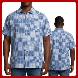 Nat Nast Silk Shirt Mens L Blue Geometric Button Up Luxury Short Sleeve Resort